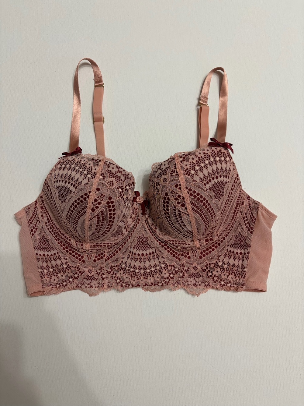 Cacique Lace Longline Bra 34 B in Rose with Burgundy Accents sexy feminine